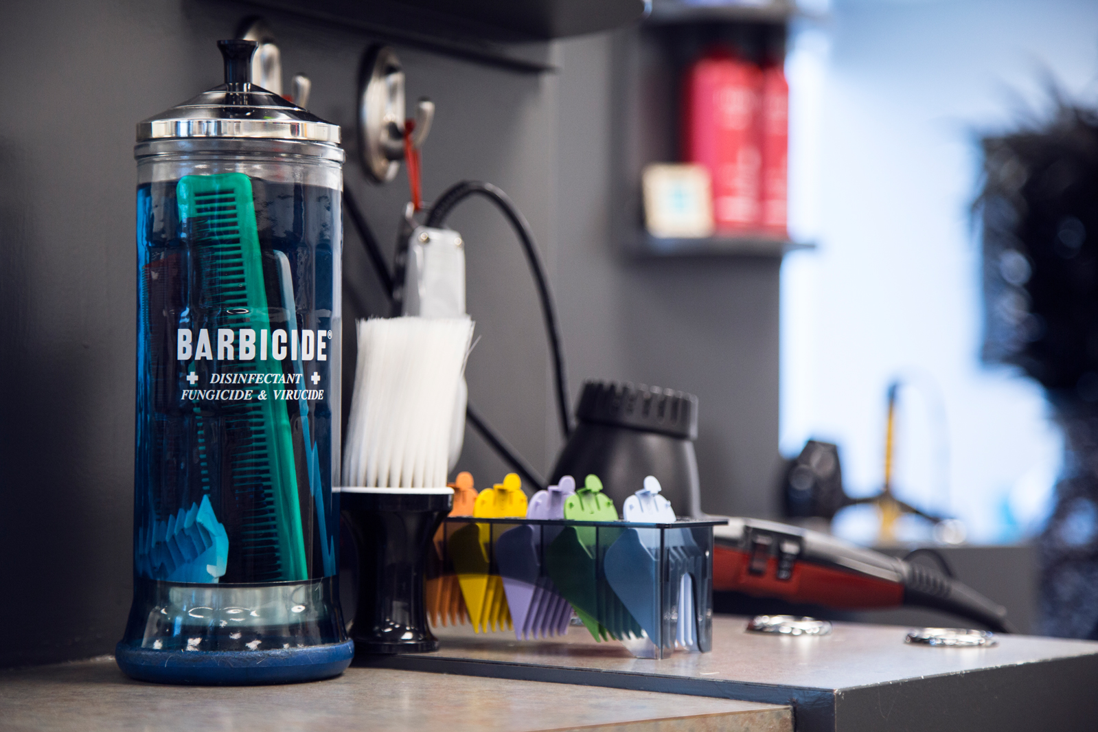 Barbicide station at Razor's Edge