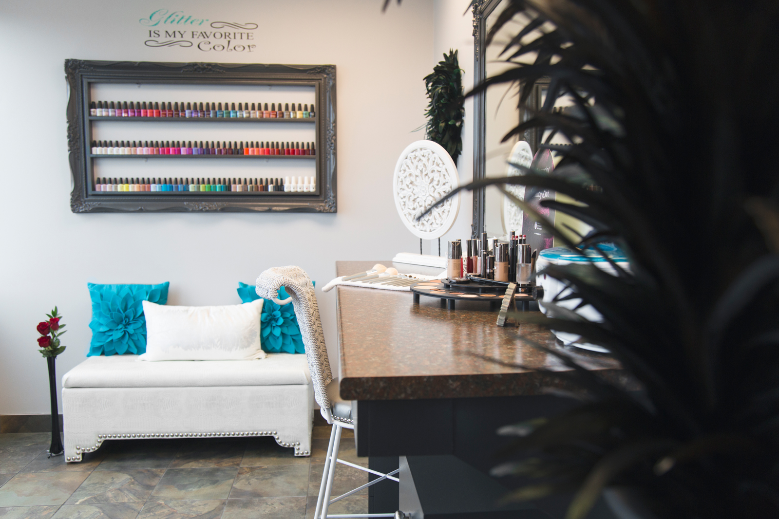 Makeup brushes and products at Razor's Edge